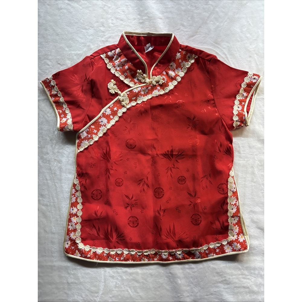 Chinese Traditional Shirt Top Girl's Red/Gold Silky Brocade Floral Size 8/M.